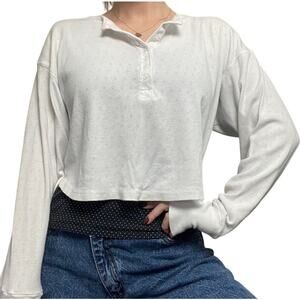 UO Out From Under White Cotton Cropped Long Sleeve Henley Eyelet Top Sz Medium